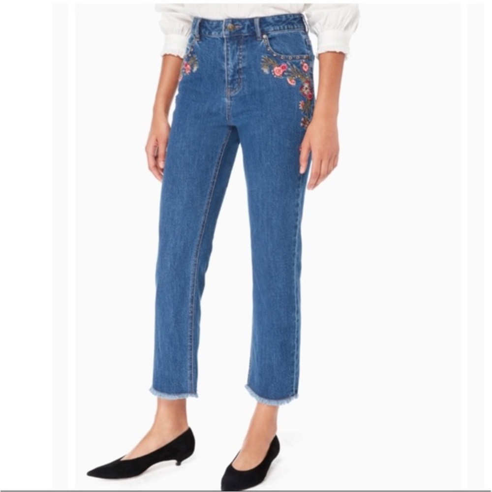 Kate Spade • Broome St Ditsy Floral Embroidered Raw Hi Rise Cropped Jeans Sz 26